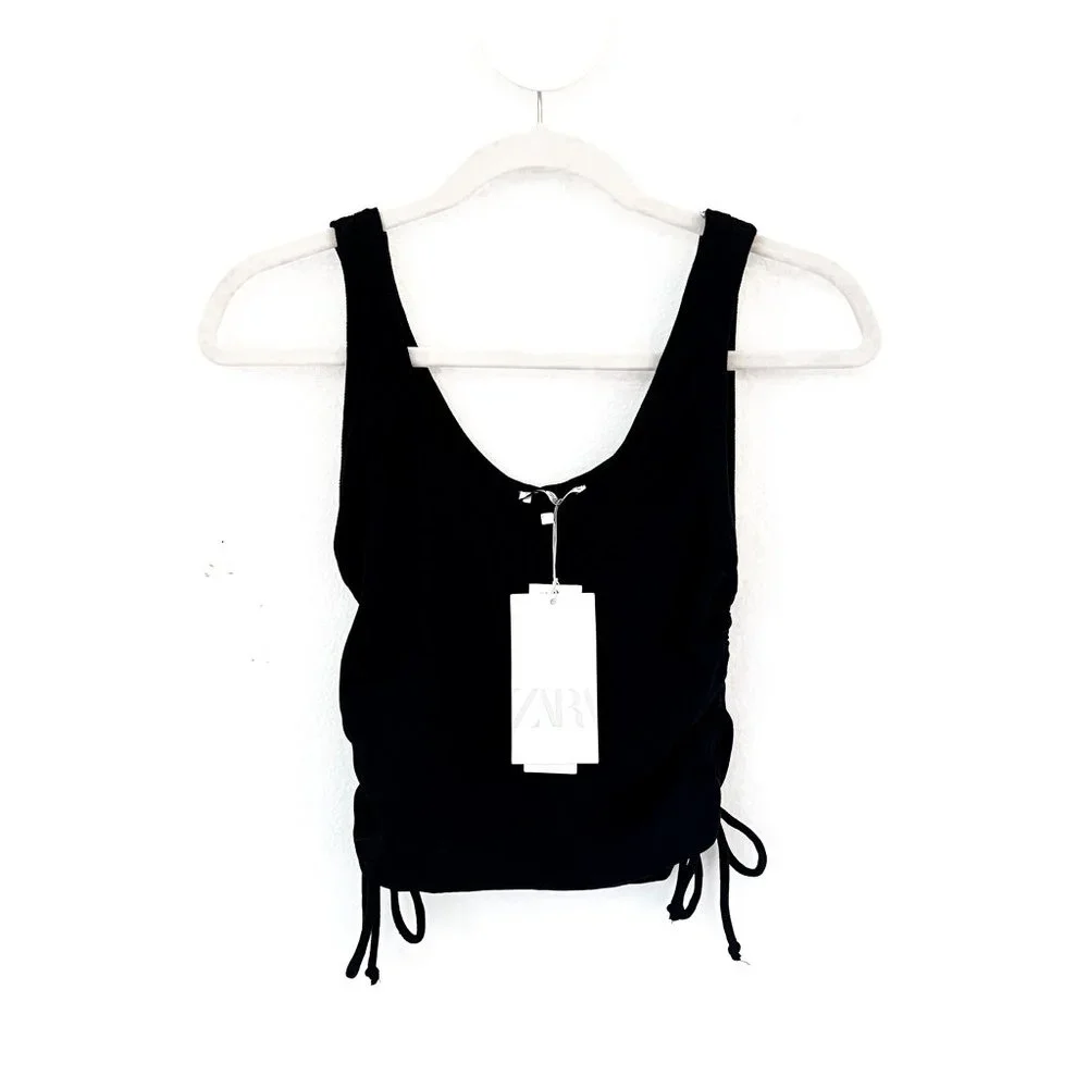 NWT zara black cinched top w/ribbed texture - Picture 1 of 4